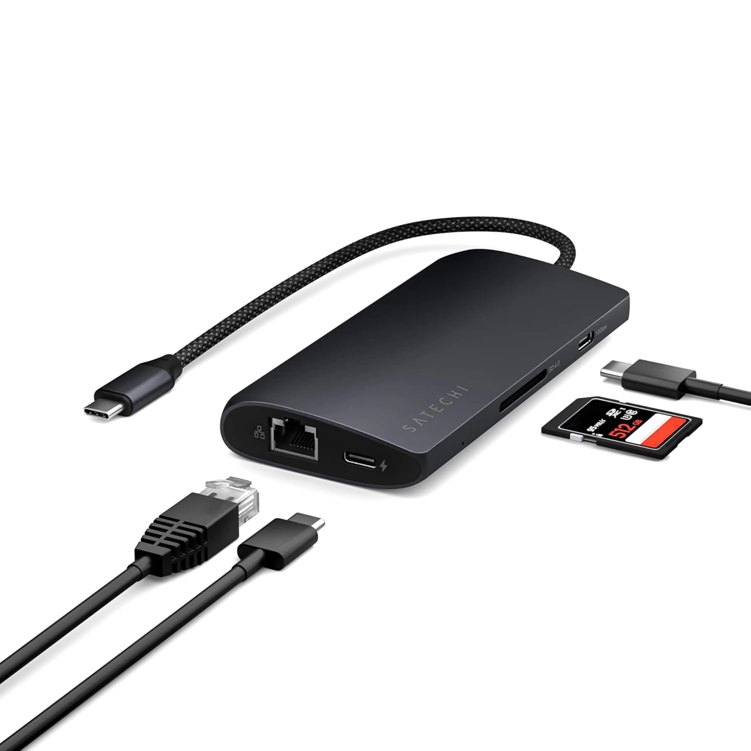 Satechi 8-in-1 USB-C Hub V3, 11.4cm (4.49in) x 5.4cm (2.13in) x 1.6cm (0.63in) | 8K HDMI, 100W PD Charging, 10Gbps Data, Ethernet, SD Card Reader, Silver — Midnight / V3