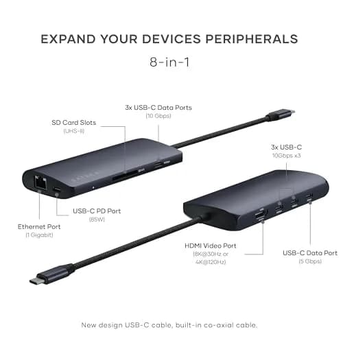 Satechi 8-in-1 USB-C Hub V3, 8K HDMI, 100W Charging, Ethernet, Midnight | Multiport Adapter for Mac & Windows thumbnail 2