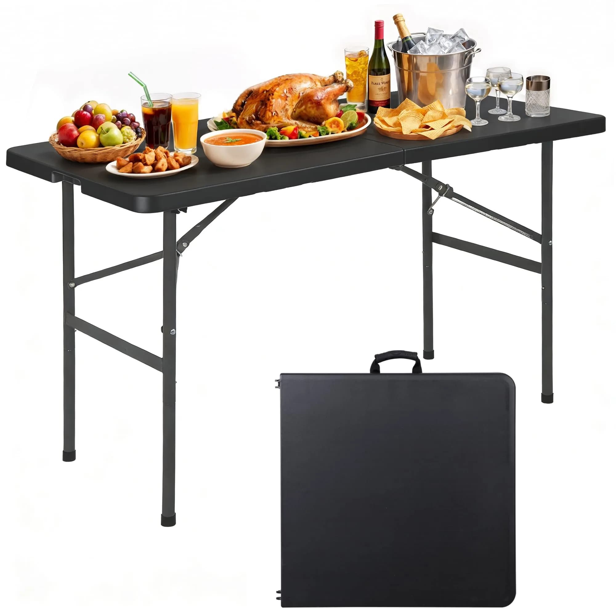 Saicool Portable Folding Table 4FT Black | Heavy Duty Plastic Indoor Outdoor - main product image