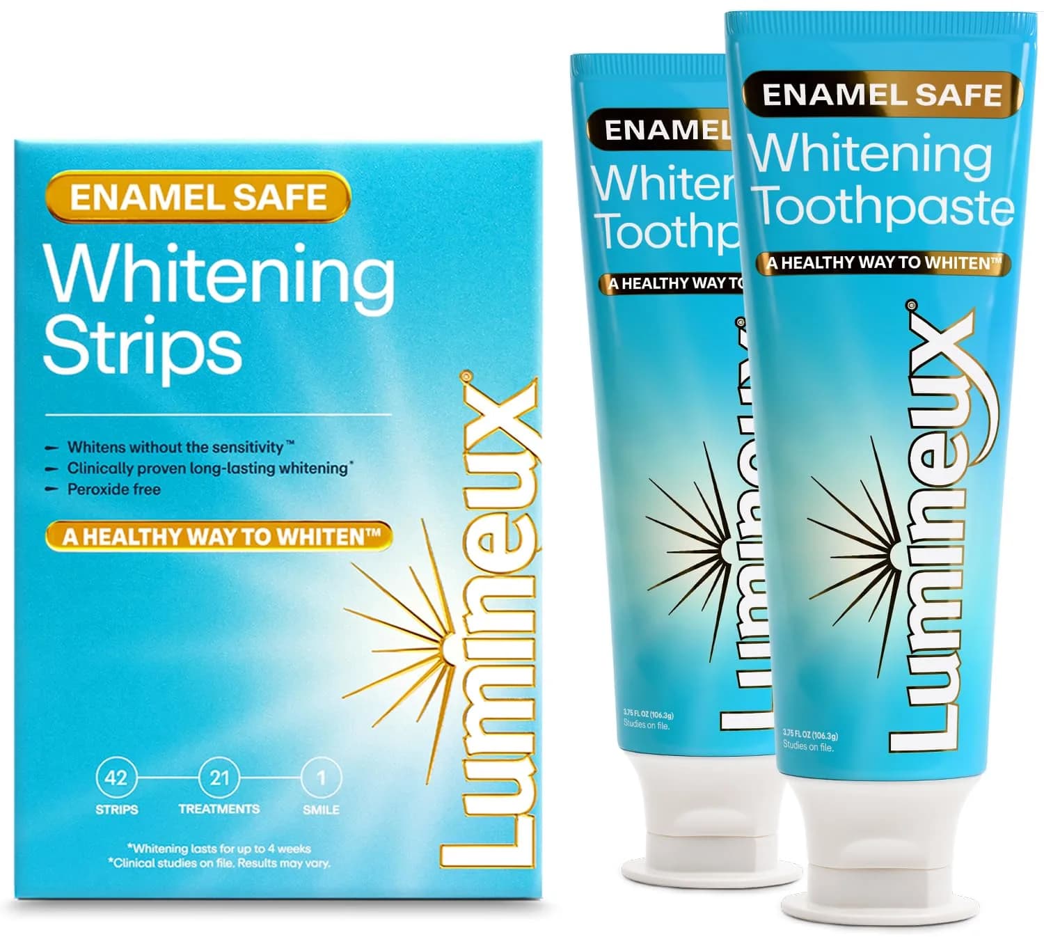 Lumineux Whitening Duo Set 21 Strip Treatments & 2 Pack Toothpaste | Peroxide-Free Enamel-Safe Whitening — 3 Month Supply + 2pk Toothpaste