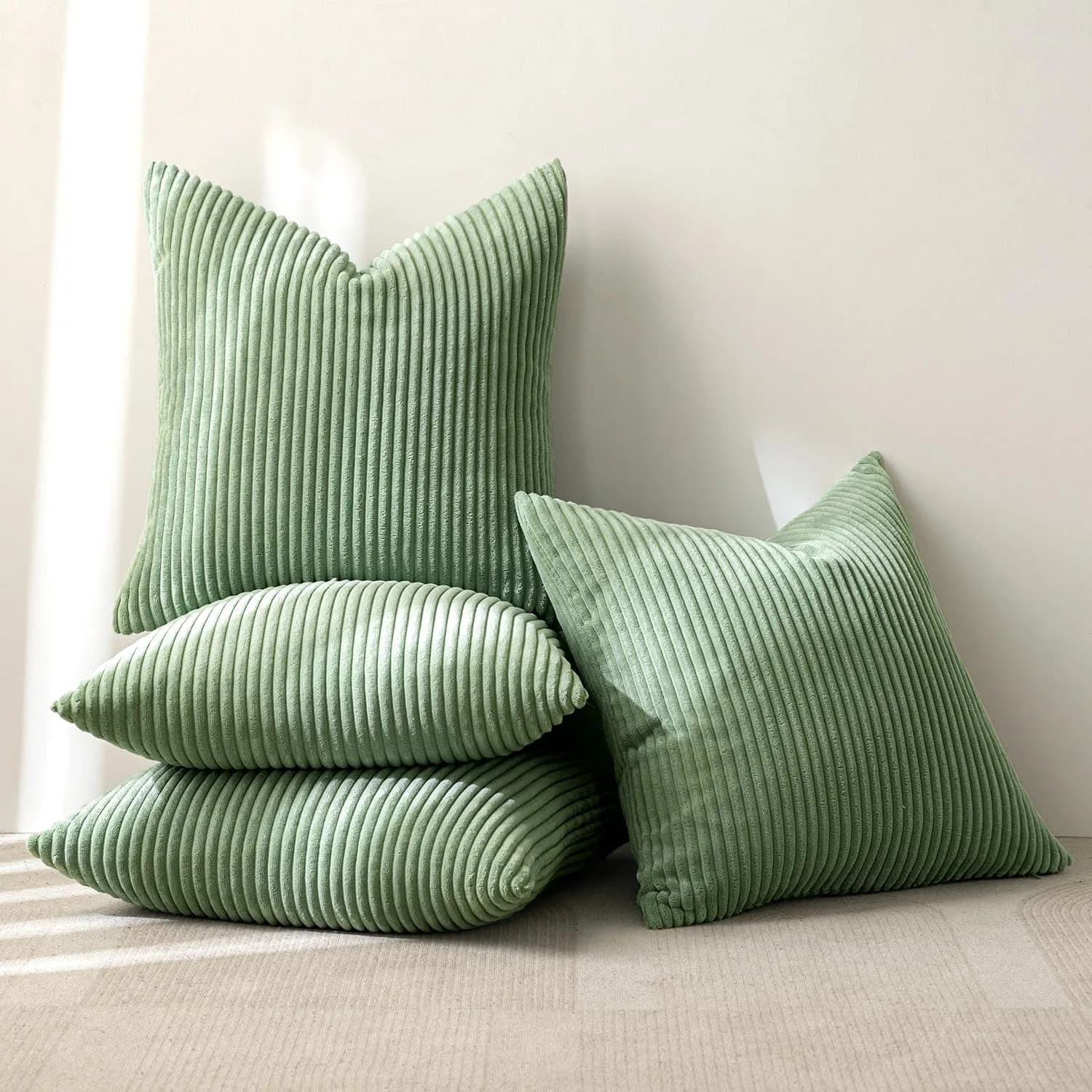 MIULEE Soft Corduroy Decorative Throw Pillow Covers Sage Green 18x18 Inch (45x45 cm) | Pack of 4 Boho Stripe Accent Cases