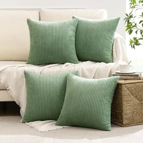 MIULEE Soft Corduroy Decorative Throw Pillow Covers Sage Green 18x18 Inch (45x45 cm) | Pack of 4 Boho Stripe Accent Cases thumbnail 2