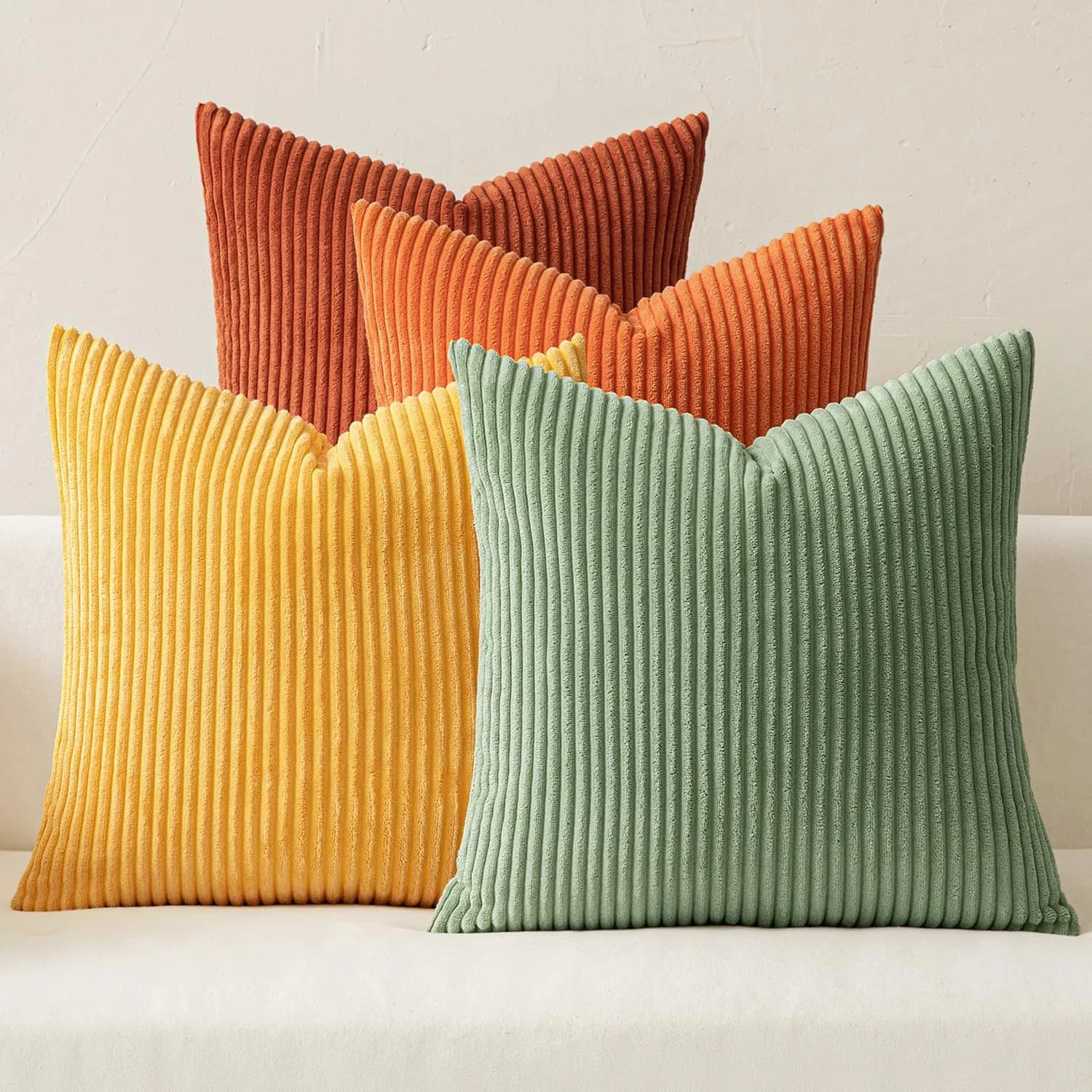 MIULEE Yellow Rust Green Corduroy Decorative Throw Pillow Covers 45x45 cm (18x18 Inch) | Boho Stripe Accent for Living Room