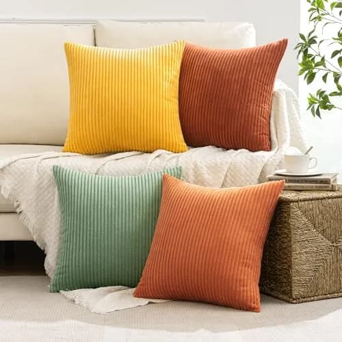 MIULEE Yellow Rust Green Corduroy Decorative Throw Pillow Covers 45x45 cm (18x18 Inch) | Boho Stripe Accent for Living Room thumbnail 9
