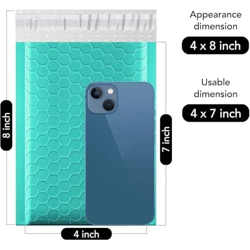 Fuxury Teal Bubble Mailers 4x8 Inch (20.3cm x 10.2cm) | 800 Pack Waterproof Padded Envelopes thumbnail 2