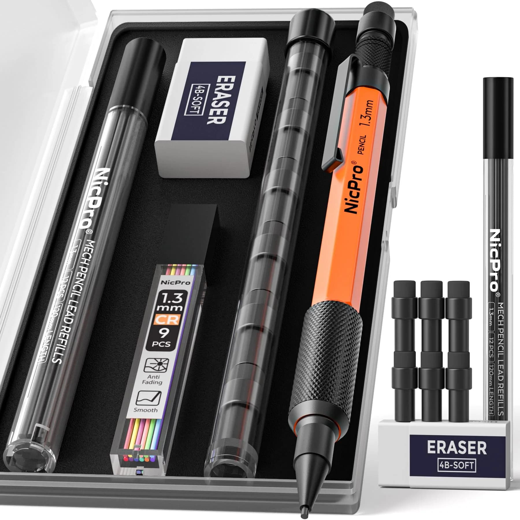 Nicpro 1.3mm Mechanical Pencils Set with 48 Lead Refills & 3 Erasers | 3-Pack (Black, Yellow, Red) | 0.21 kg (7.8 oz) — (Orange)