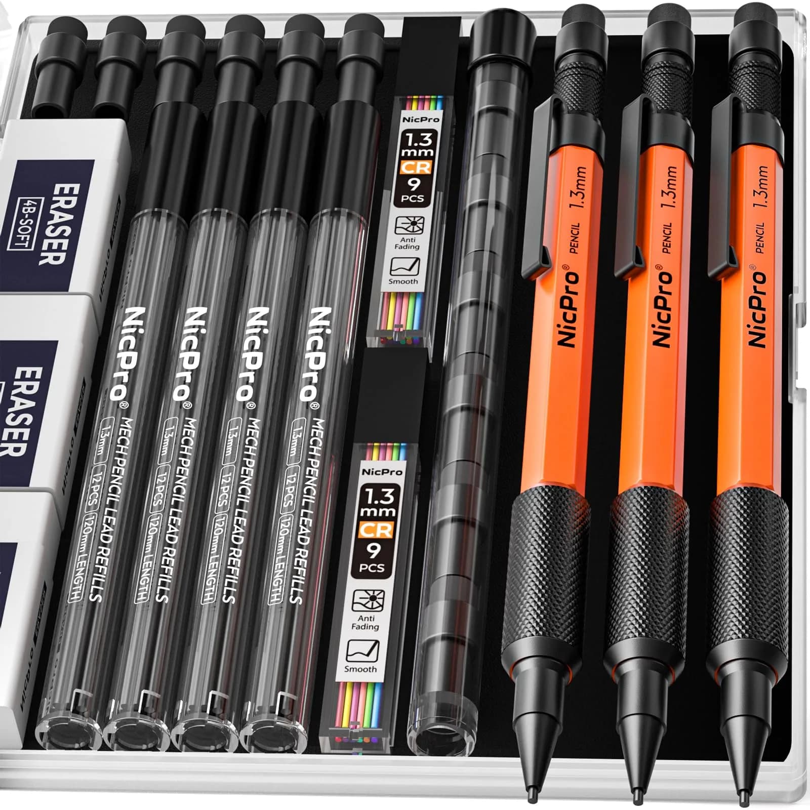 Nicpro 1.3mm Mechanical Pencils Set (3 Pack, Orange) | 3 Pencils, 66 Lead Refills, 3 Erasers — (Orange)
