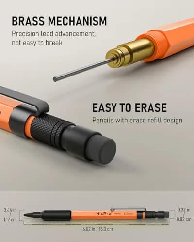 Nicpro 1.3mm Mechanical Pencils Set (3 Pack, Orange) | 3 Pencils, 66 Lead Refills, 3 Erasers thumbnail 3