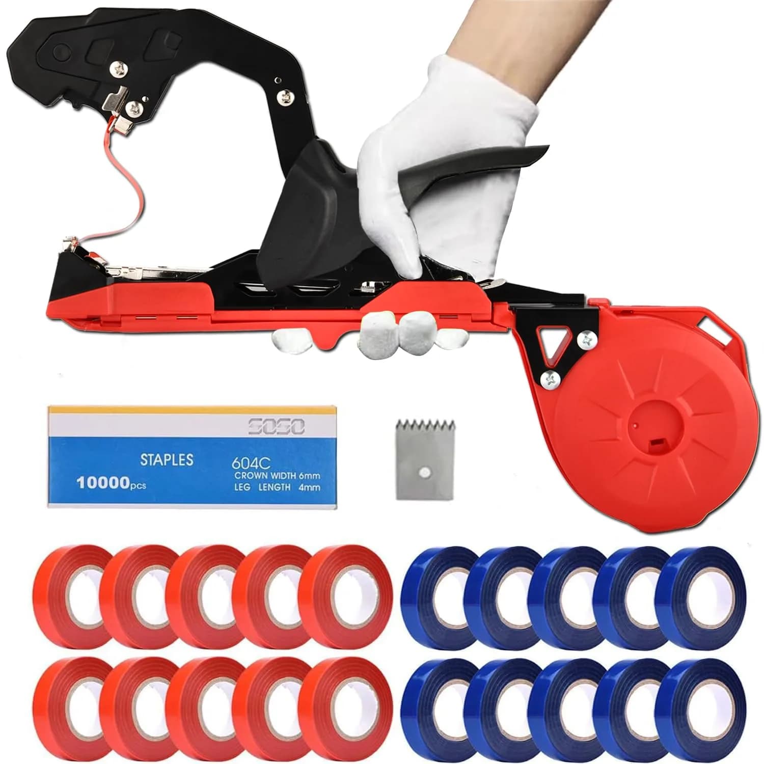 SUCA Plant Tying Machine with 20 Rolls Tape | Lightweight Aluminum Tool for Vine & Branch Tying (Red) - main product image