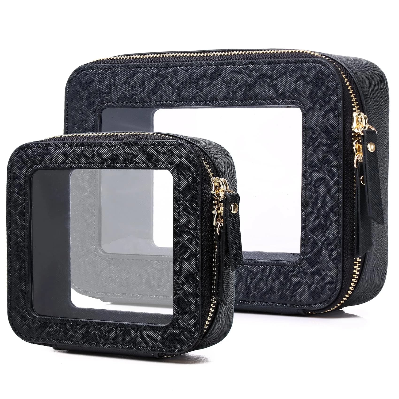 Pinkmik Clear Makeup Bag Set, Medium & Large Beige | TSA Approved & Waterproof Travel Cosmetic Case — A4/Black / M+MINI