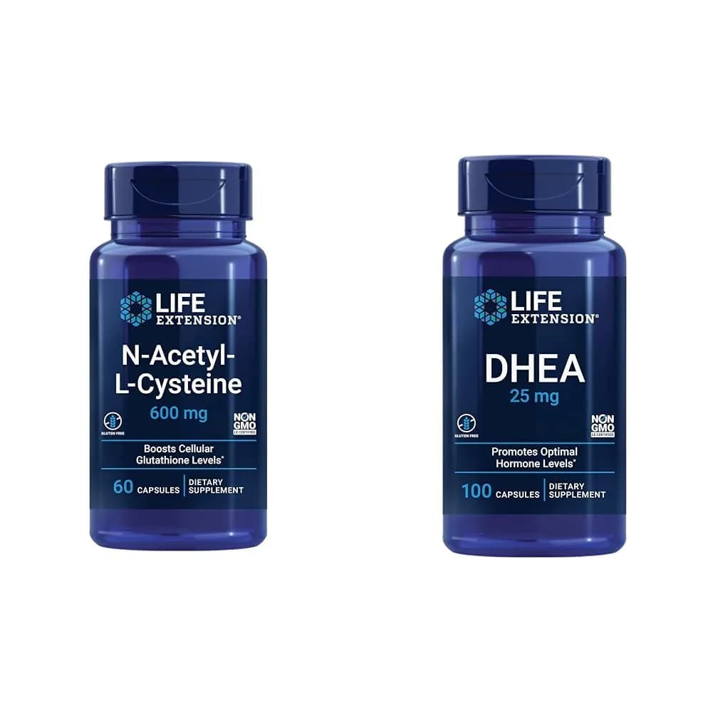 Life Extension N-Acetyl-L-Cysteine (NAC) 600 mg & DHEA 25 mg | Immune, Respiratory, Hormone Balance Support | 60 Capsules — Off White