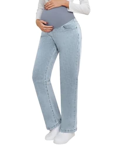 fitglam Maternity Jeans Straight Leg Relaxed Fit Over Belly Pregnancy Denim Work Pants Light Blue Medium | Comfortable Stretch Denim thumbnail 1