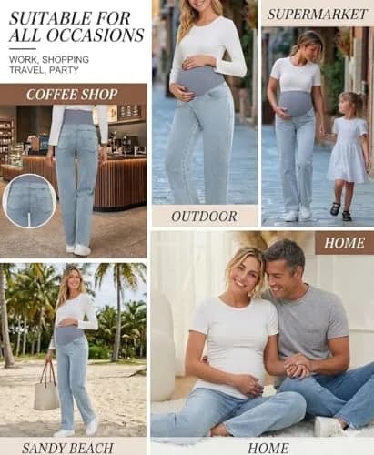 fitglam Maternity Jeans Straight Leg Relaxed Fit Over Belly Pregnancy Denim Work Pants Light Blue Medium | Comfortable Stretch Denim thumbnail 5