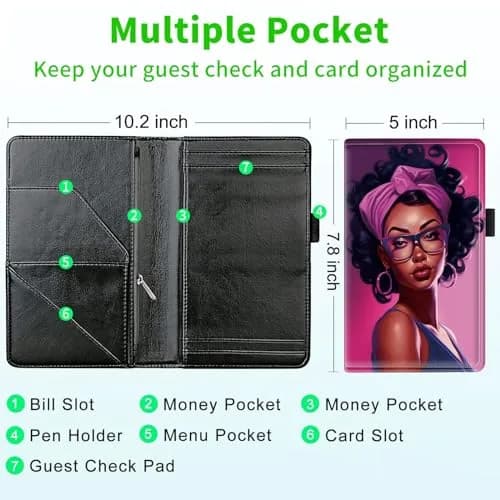 JANENFNA Server Books for Waitress with 7 Large Pockets | Waterproof PU Leather Organizer (7.5in x 5in) thumbnail 3