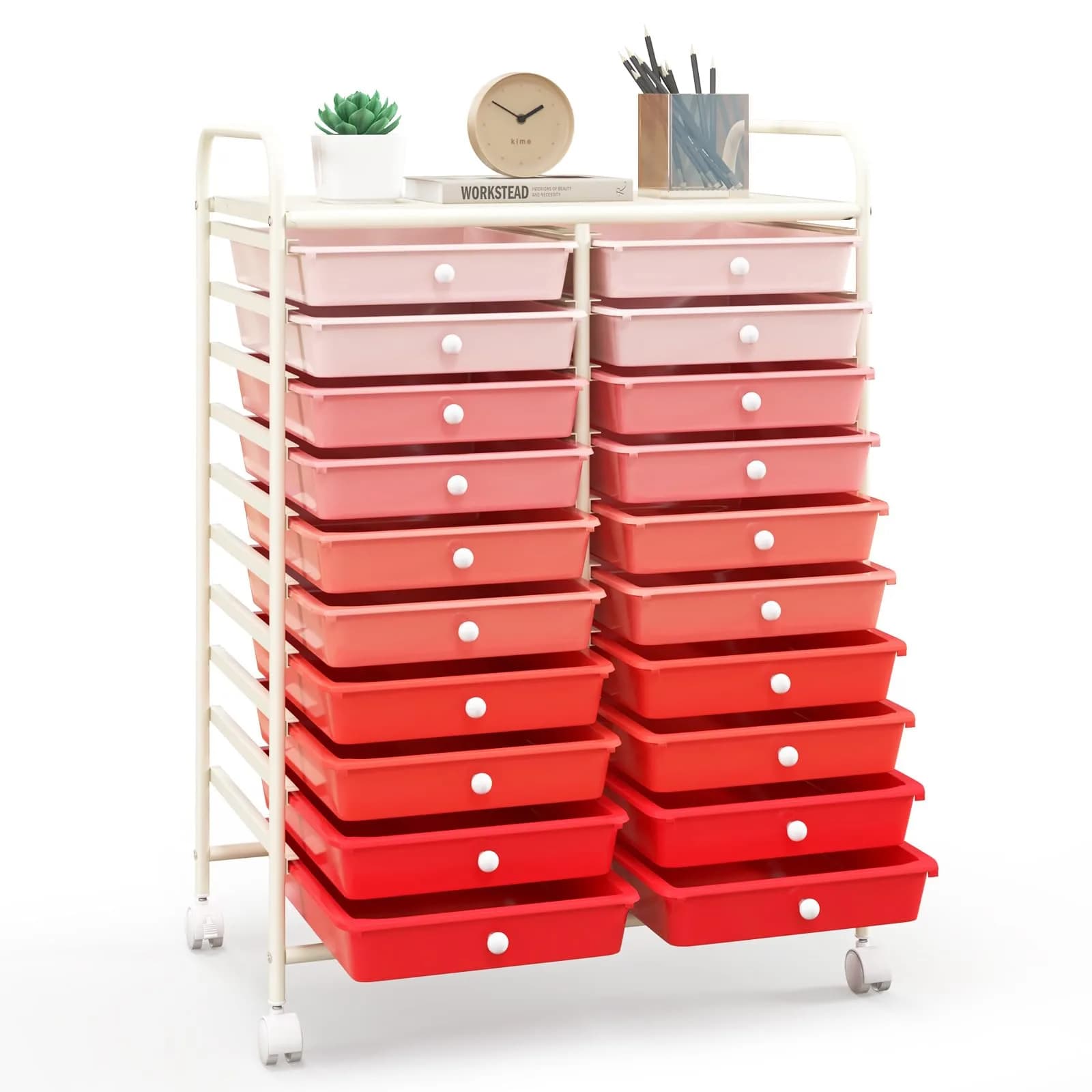 HAPPYGRILL 20-Drawer Organizer Cart Tools | Mobile Utility Storage with Lockable Wheels (Gradient Pink) | 25x15x35 inches