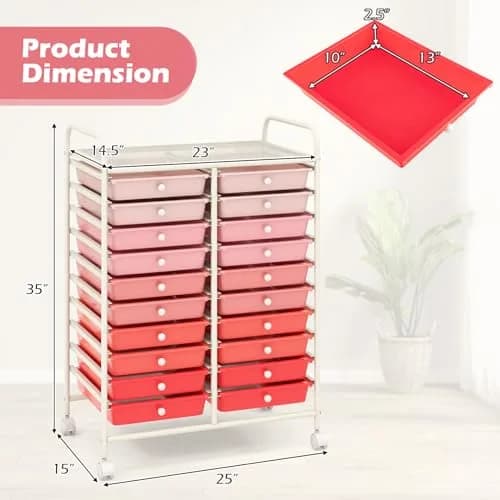 HAPPYGRILL 20-Drawer Organizer Cart Tools | Mobile Utility Storage with Lockable Wheels (Gradient Pink) | 25x15x35 inches thumbnail 7