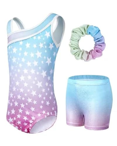 JiAmy Girls Gymnastics Leotards 3 Pcs Set with Shorts & Hairband, Long Sleeve Sparkly Dance Unitards (11-12 Years, Gradient Blue Stars) thumbnail 6