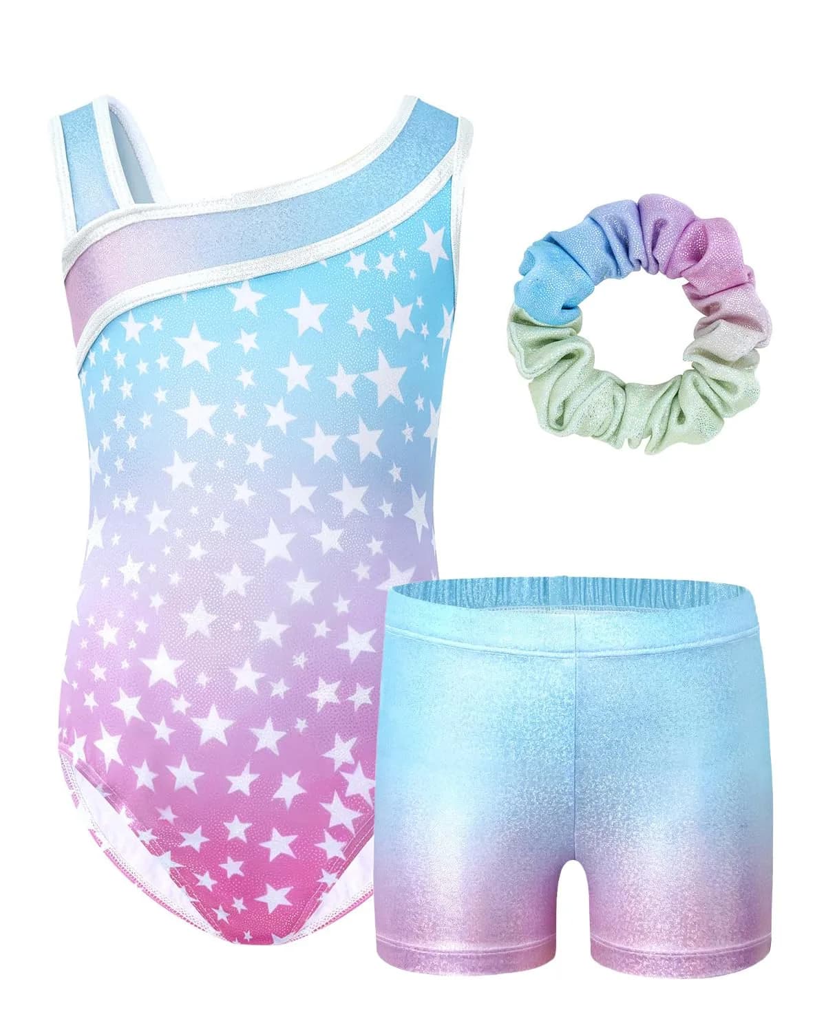 JiAmy Girls Gymnastics Leotards 3 Pcs Sleeveless Sparkly Dance Unitards Set (Size 5-6 Years) — Gradient Blue Stars Set