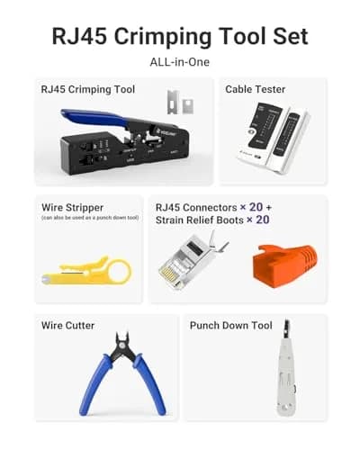VCELINK RJ45 Crimp Tool Kit with Punch Down Tool & Tester | 43-Piece Network Cable Installation Set thumbnail 3