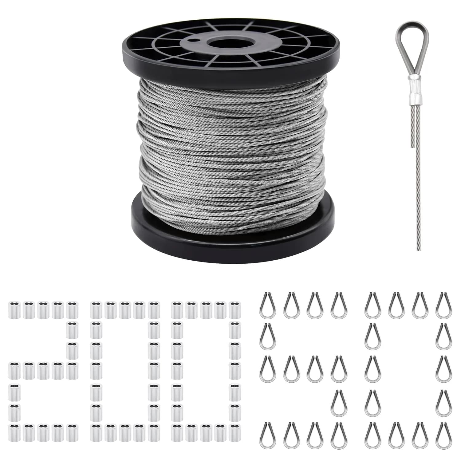 FGBNM Heavy Duty Wire Rope Crimping Tool Kit with 328ft 1/16" Stainless Steel Cable & Aluminum Sleeves | Crimper, Cutters, Thimbles Included — 328ft Wire Rope Set