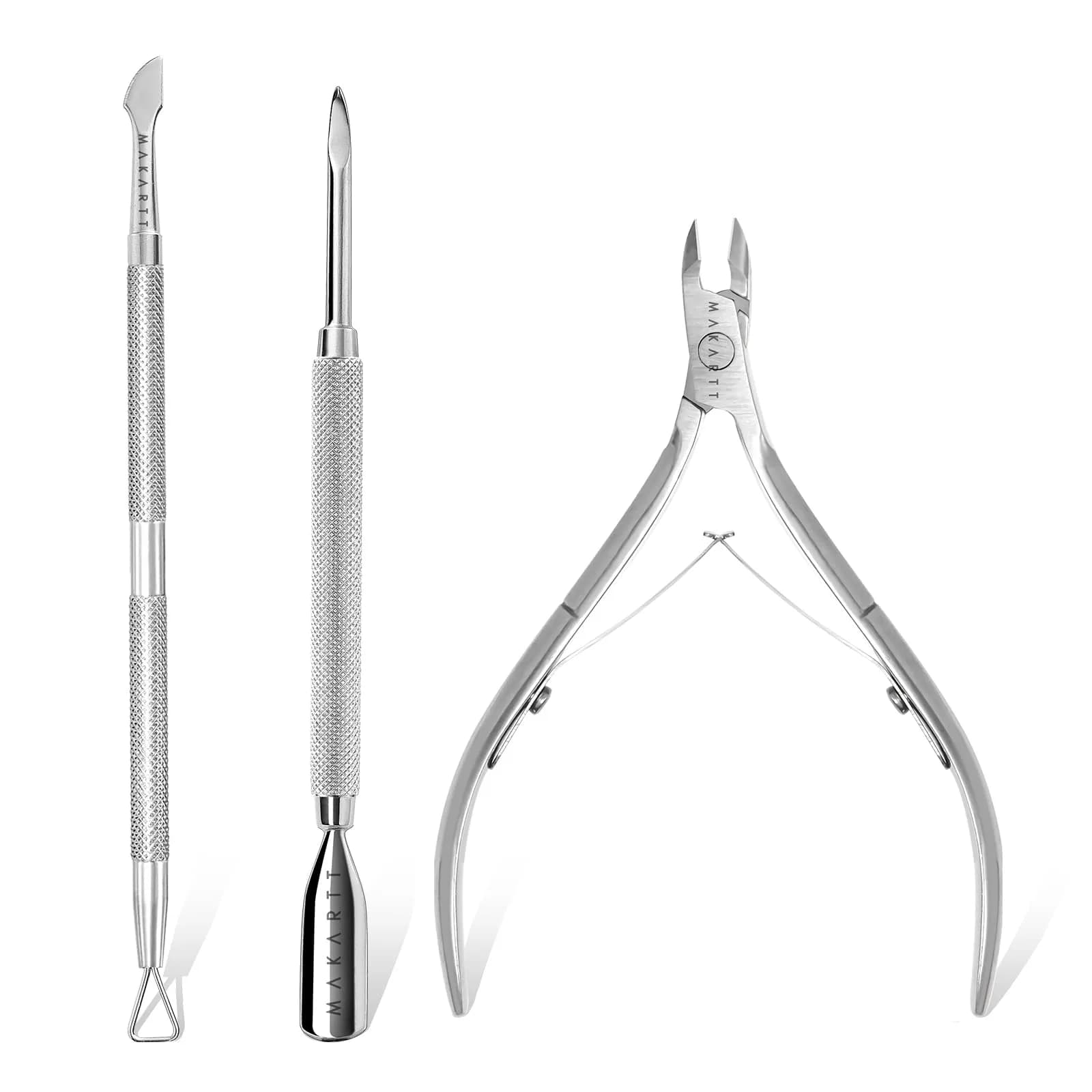 Makartt Silver Cuticle Nipper Set with 2 Pushers | Stainless Steel, Full Jaw, Ergonomic Handle