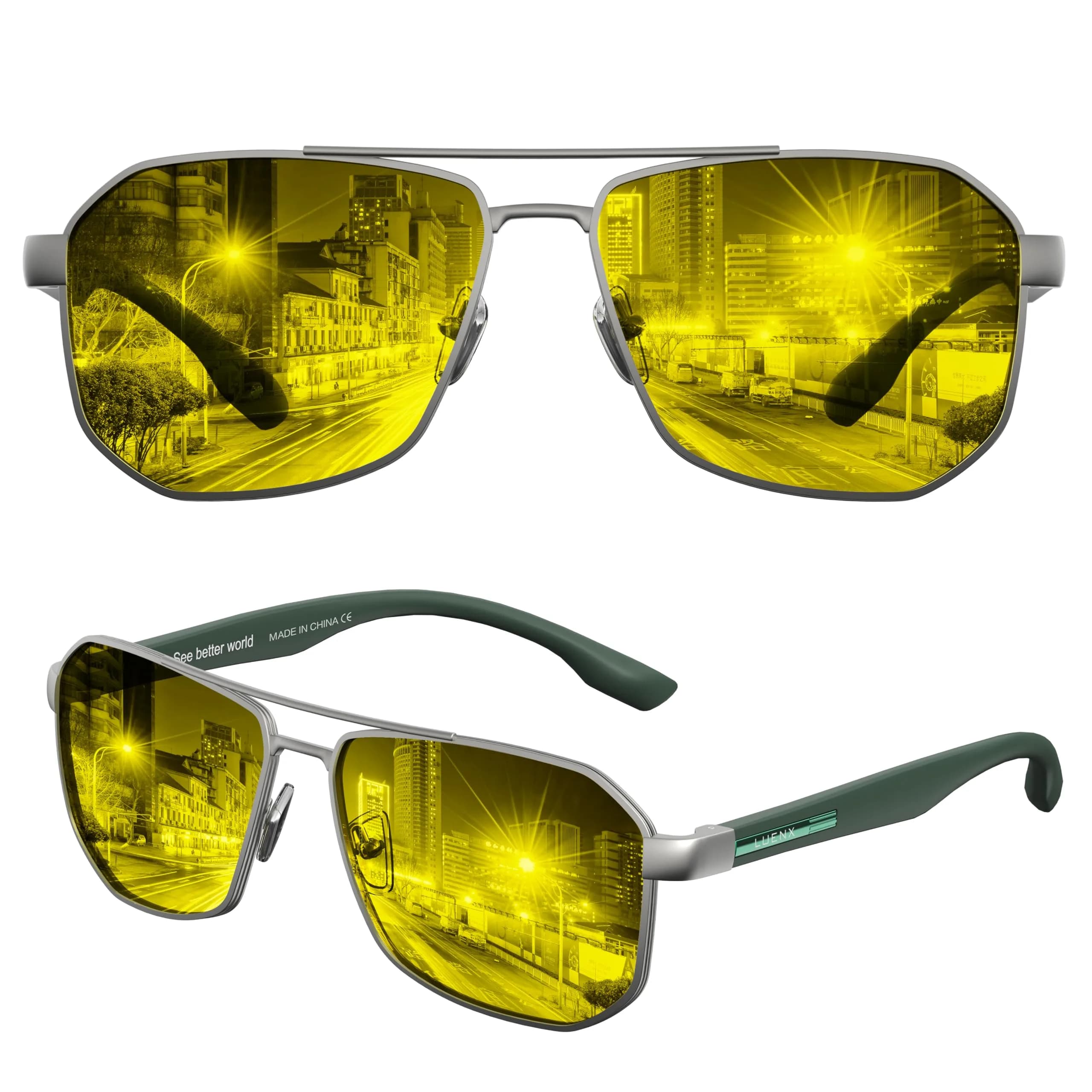 Luenx Night Vision Driving Glasses Yellow Lens Square Polarized Sunglasses 61mm (2.4 inches) | Reduce Glare & Enhance Clarity