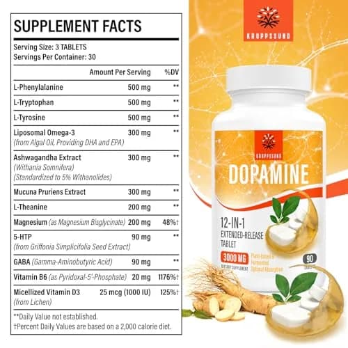 Kroppssund Dopamine Supplements with L-Theanine & Ashwagandha | 3000mg Per Serving, 90 Tablets (2 Bottle) thumbnail 6
