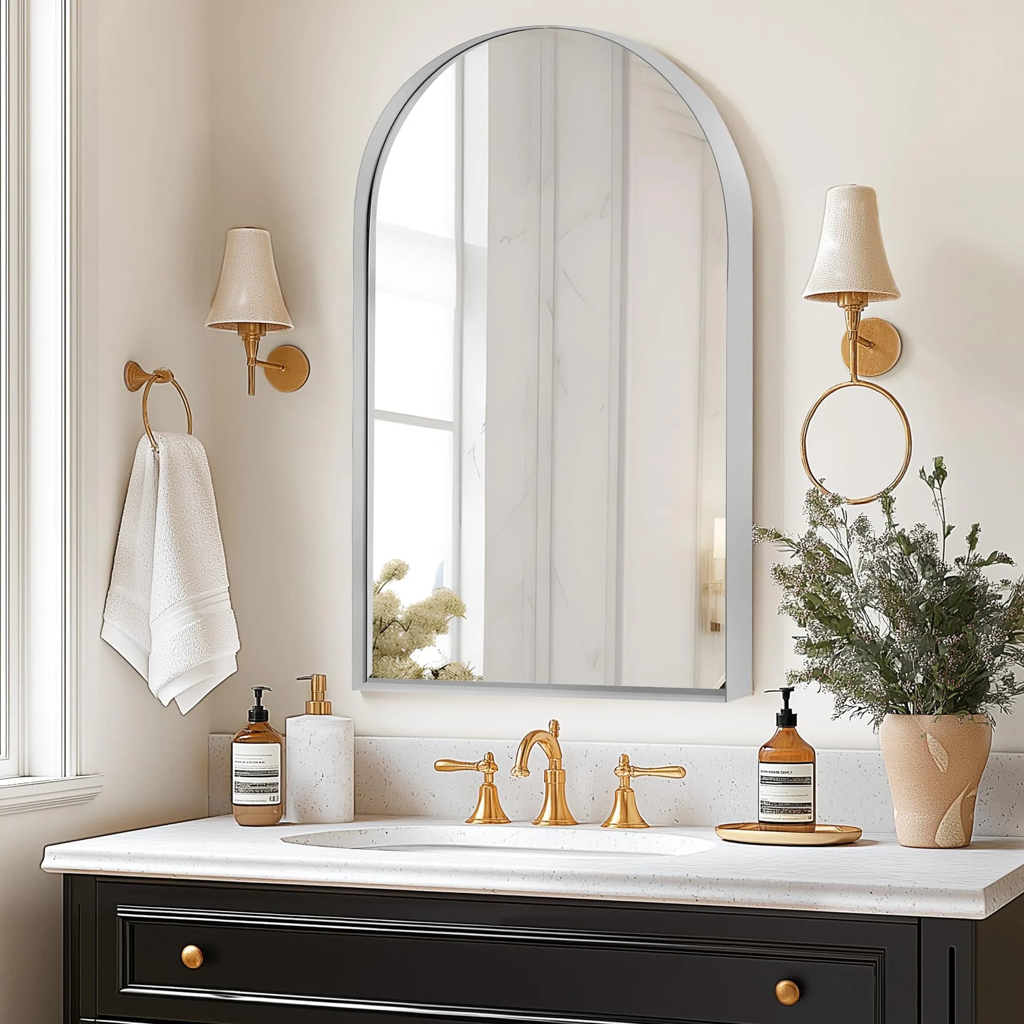 SDHYL Bathroom Medicine Cabinet 36x24 Inch Arched Silver Wall Mount Recessed Mirror - main product image