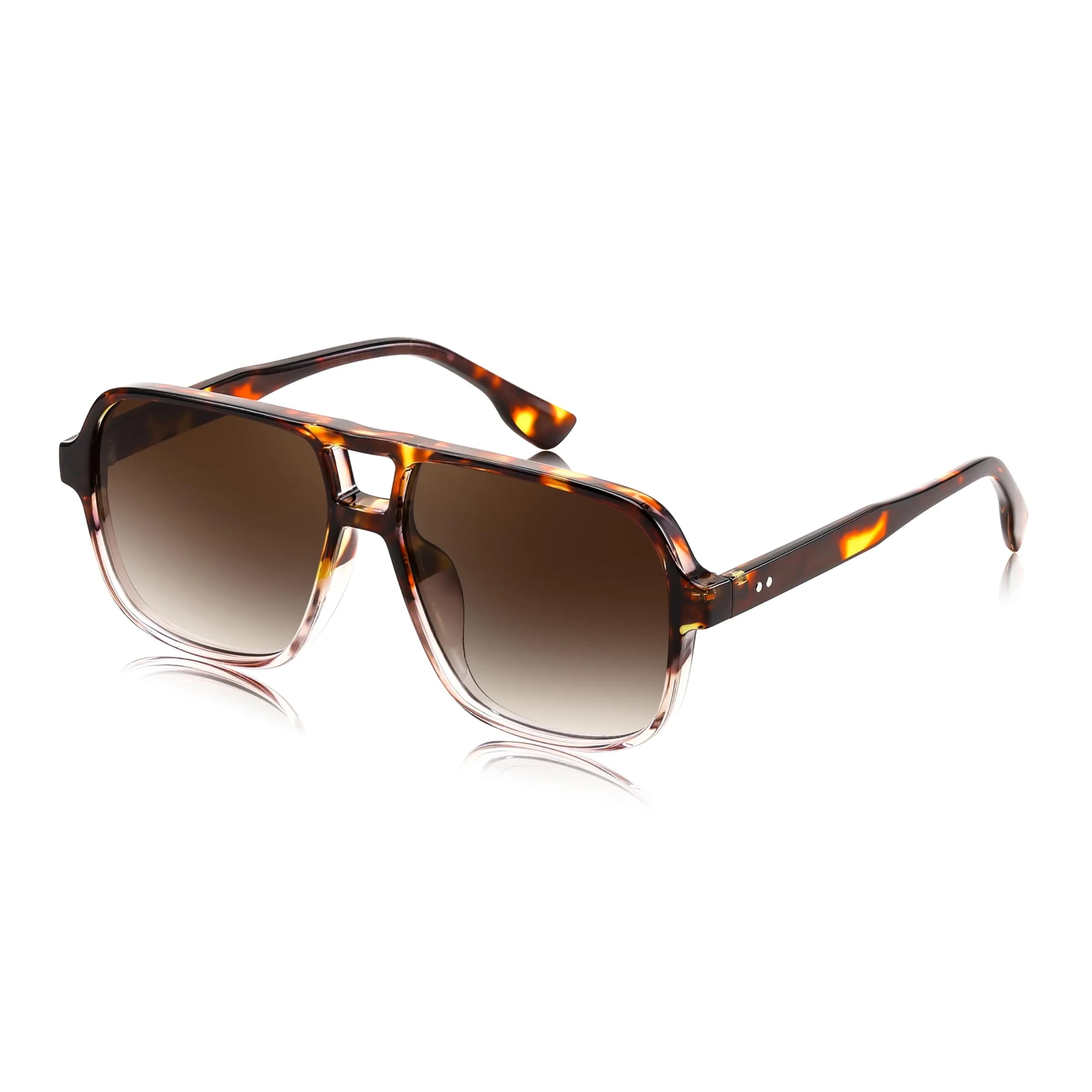 FEISEDY Retro Square Aviator Sunglasses Women Men Oversized Shades 55MM | Classic 70s Double Bridge Design — Leopard & Clear Frame/Gradual Tea Lens