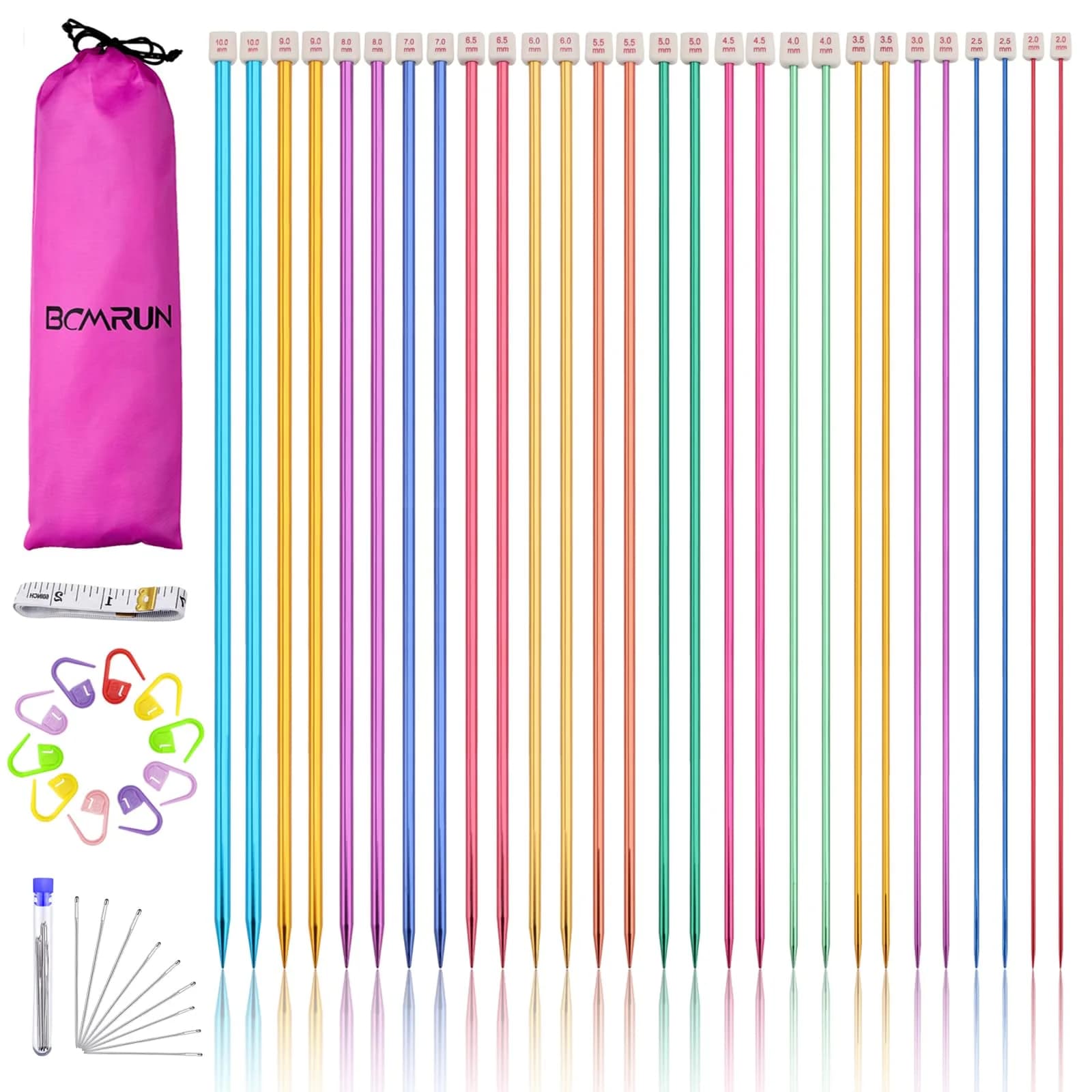 BCMRUN 28Pcs/14 Pairs Stainless Steel Knitting Needles Set, 35cm (13.8 Inches) | 14 Sizes 2.0mm-10.0mm — 25cm