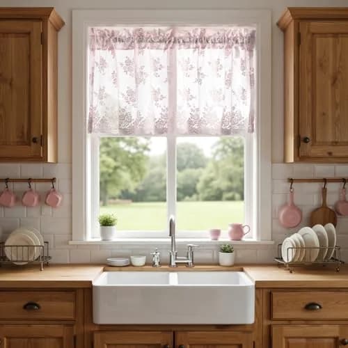 Kotile Pink Lace Valance for Windows Rustic Floral 46cm (18 Inch) Length | Light Filtering Sheer Curtain Panel thumbnail 2