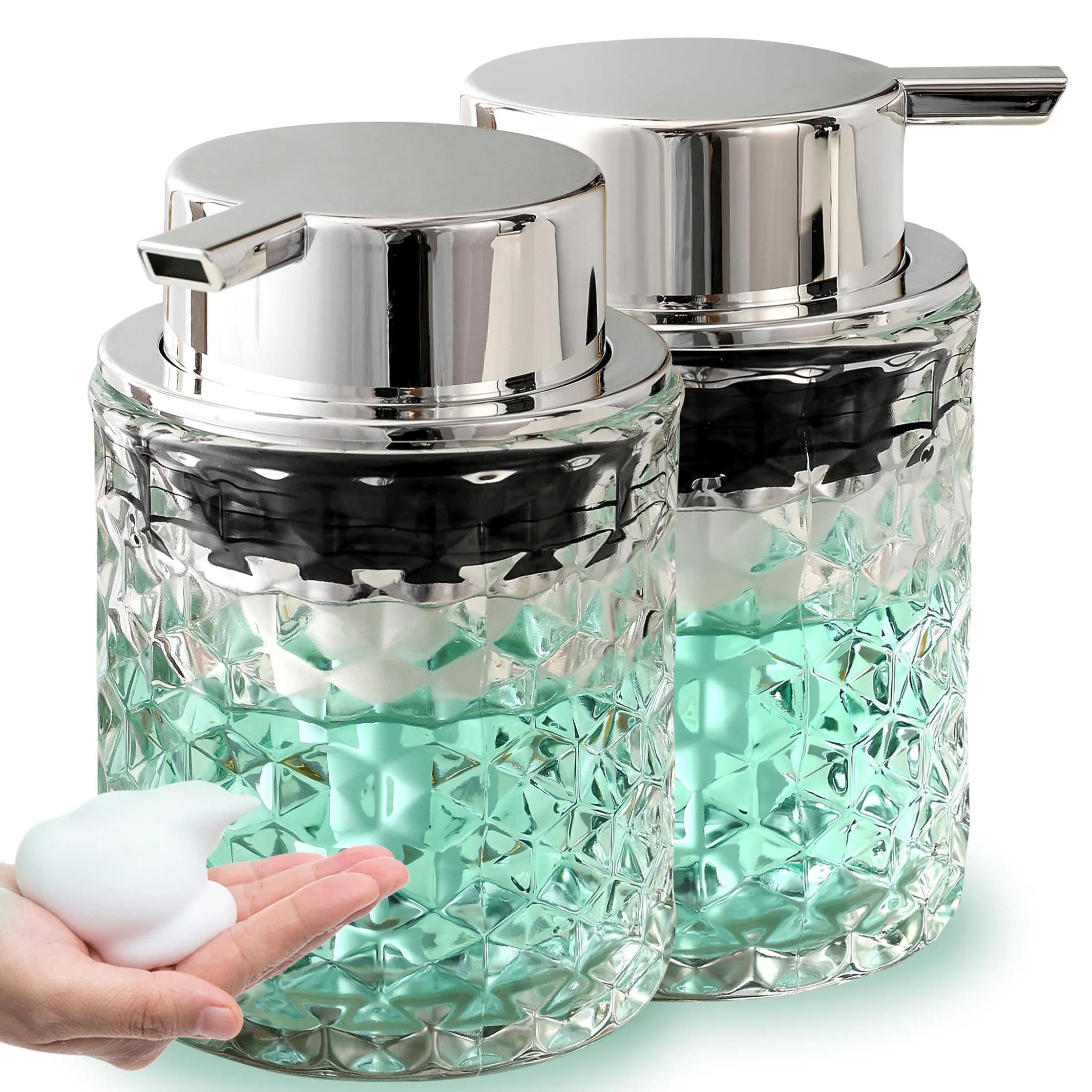 MALACHI Foaming Hand Soap Dispenser 300ml (10 oz) | Elegant Diamond Pattern Glass Bottle