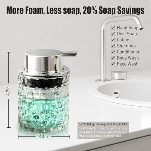 MALACHI Foaming Hand Soap Dispenser 300ml (10 oz) | Elegant Diamond Pattern Glass Bottle thumbnail 2