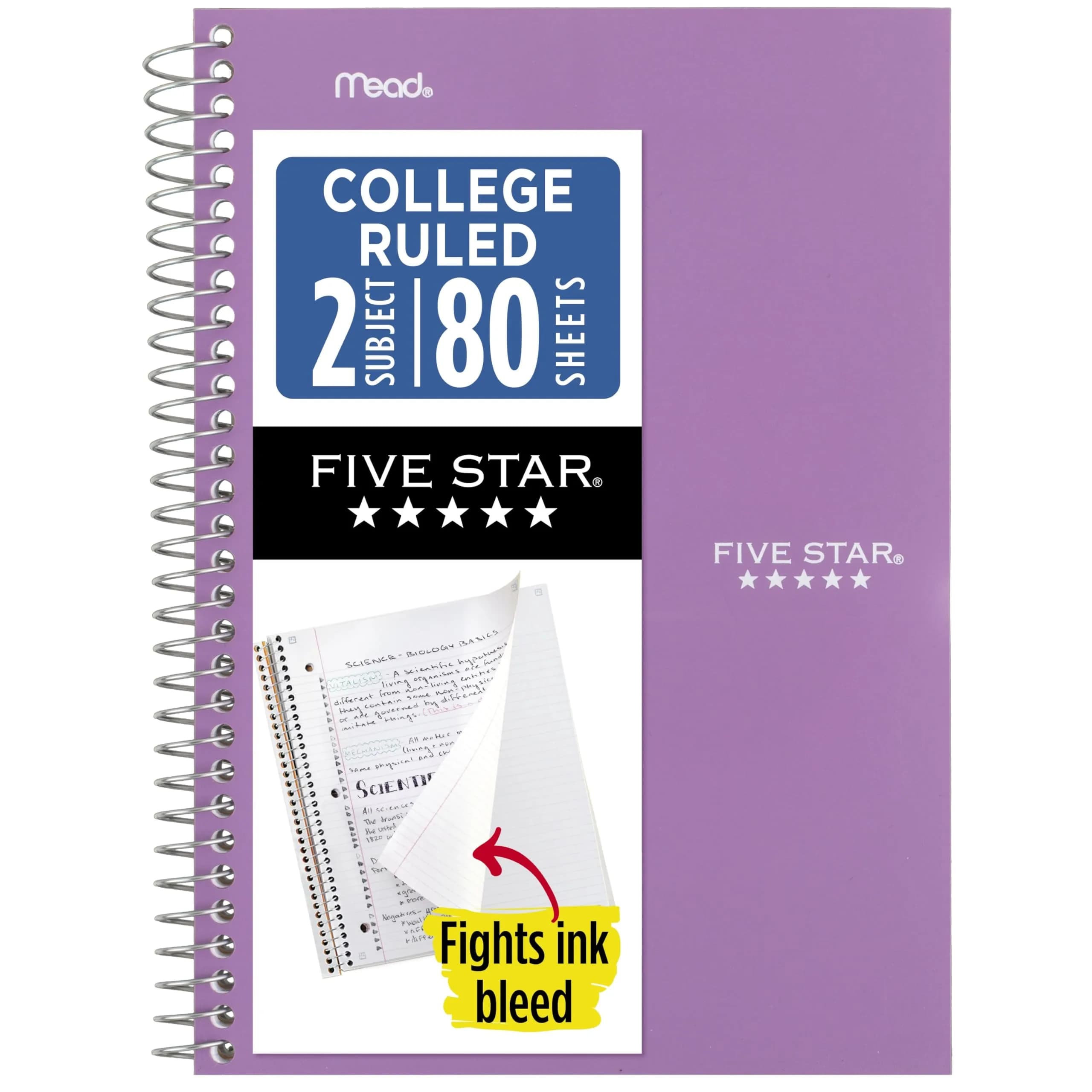 Five Star Spiral Notebook 2 Subject College Ruled 6" x 9-1/2" 80 Sheets | SFI Certified Paper - main product image