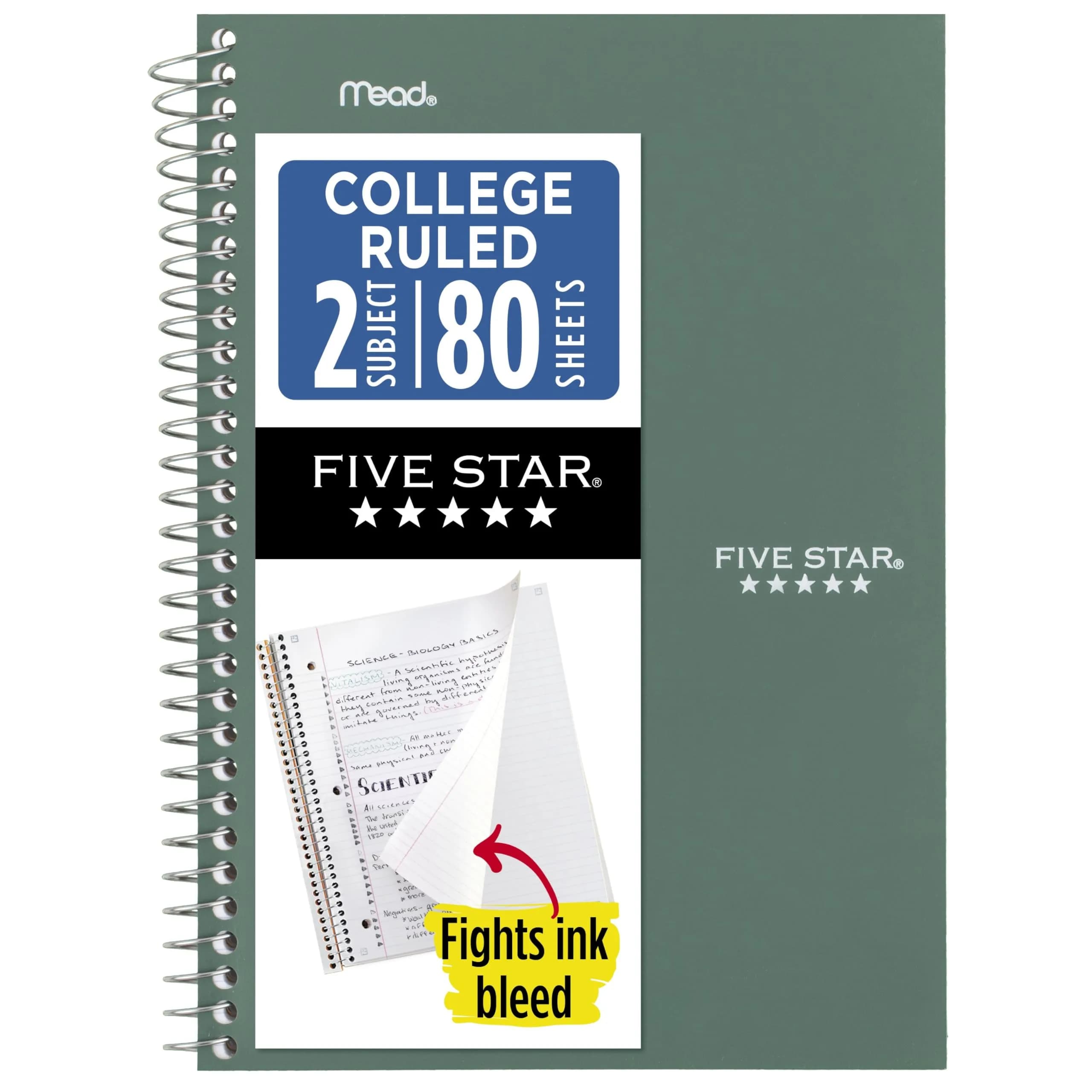 Five Star Spiral Notebook 2 Subject 6" x 9-1/2" 80 Sheets Seaglass Green | College Ruled Paper Fights Ink Bleed