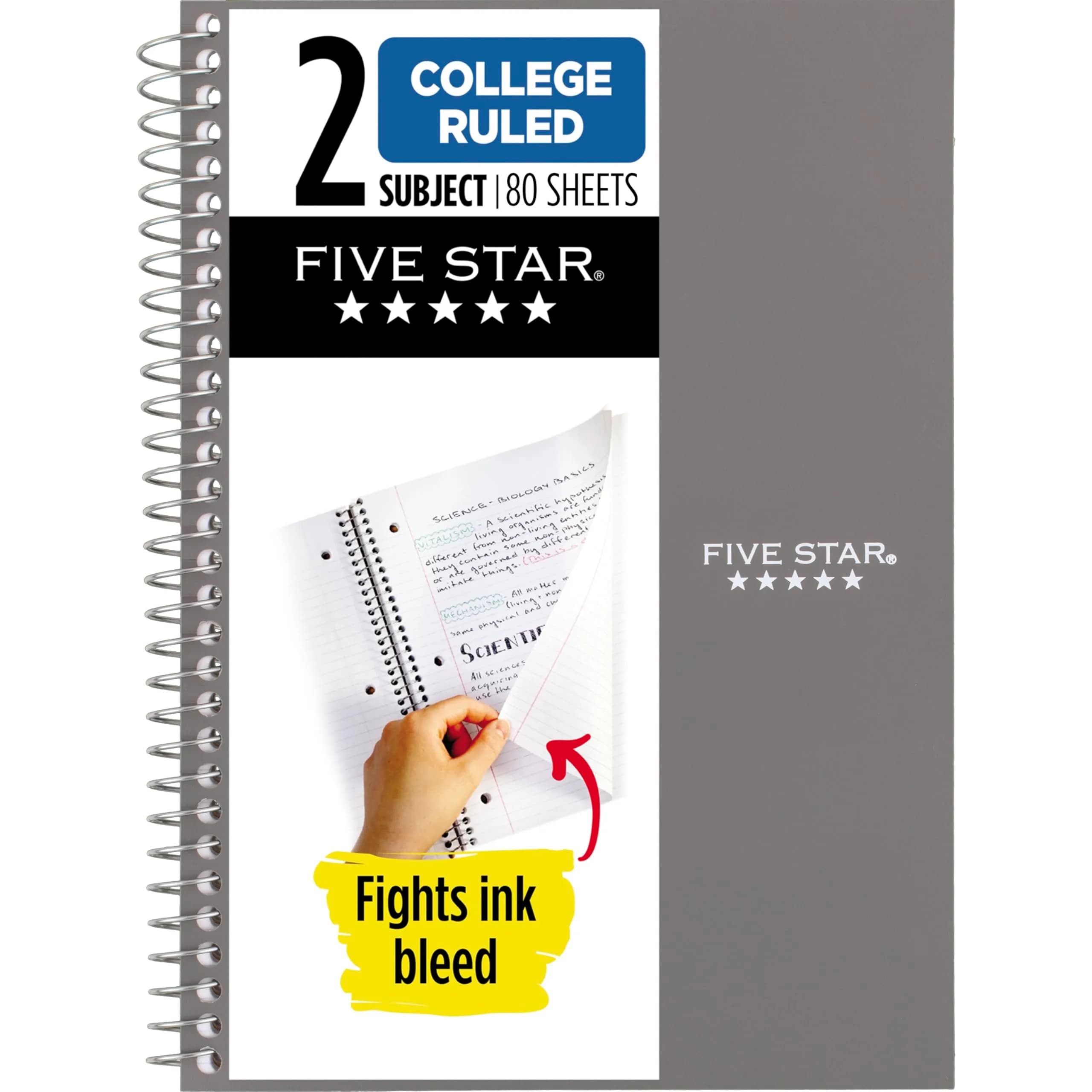 Five Star Spiral Notebook 2 Subject College Ruled 6" x 9-1/2" 80 Sheets | SFI Certified Paper — Gray