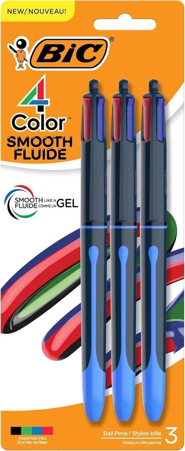 BIC 4 Color Shine Retractable Ballpoint Pen | 1.0 mm Medium Point, Pink Metallic Barrels, 3-Count Pack — Black, Blue, Green, Red Ink