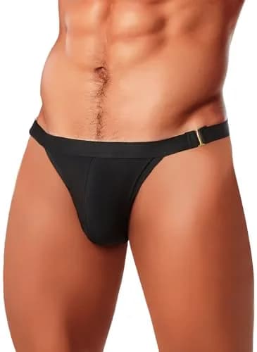 MIZOK Men's Sexy Solid Bikini Swimsuit 2.27kg (5lb) | Quick Dry Low Rise Swim Briefs with Metal Buckle Ring Black L thumbnail 1