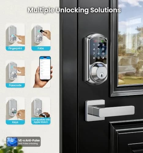 Veise VE07-L Fingerprint Smart Lock with Lever Handles Set, Satin Nickel | BHMA Grade 3 Certified, 8-in-1 Keyless Entry thumbnail 2