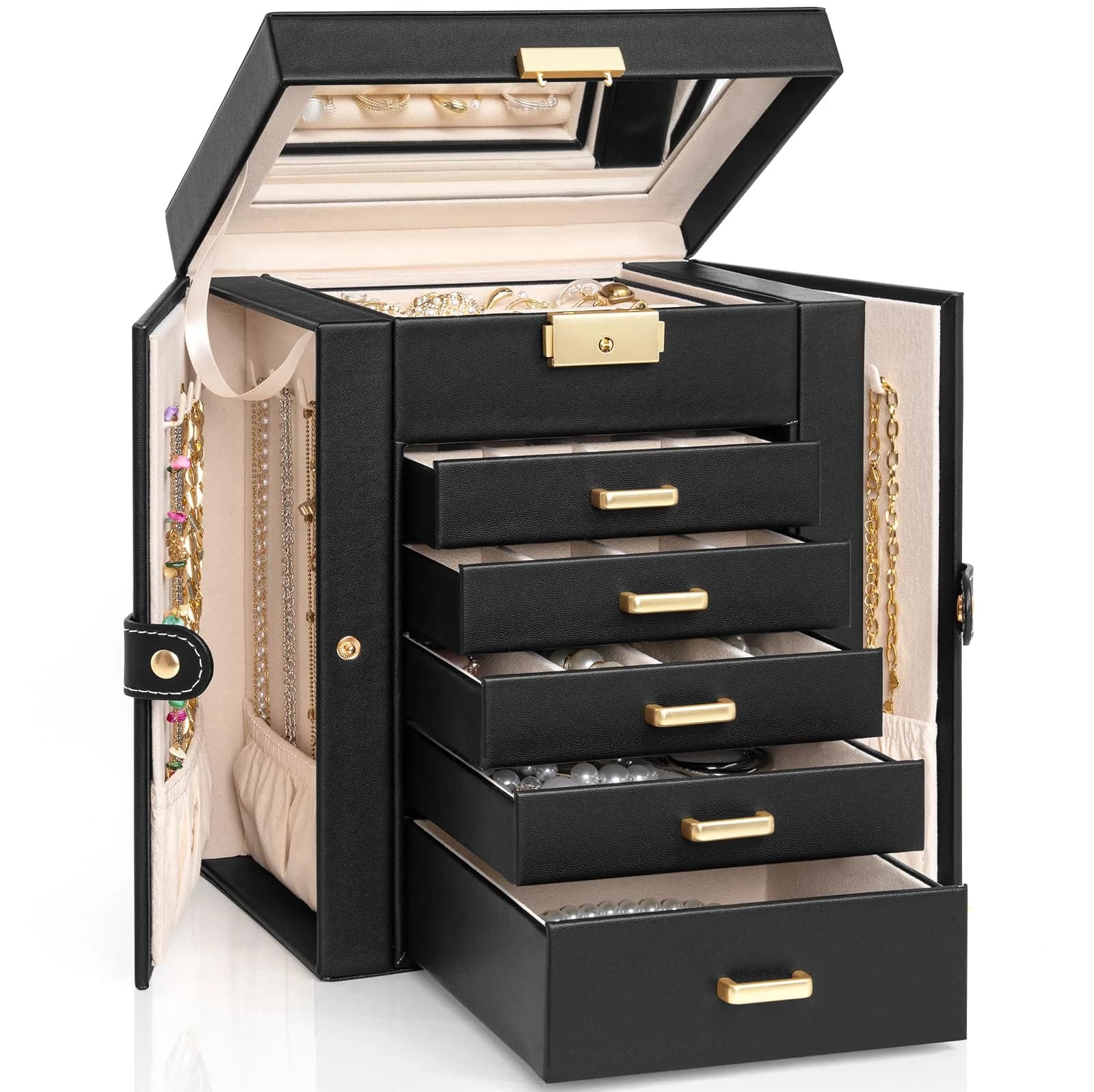 AKOZLIN 6-Tier Jewelry Box with 5 Drawers & Mirror | Lockable Black Leather Organizer for Rings, Necklaces, Bracelets - main product image