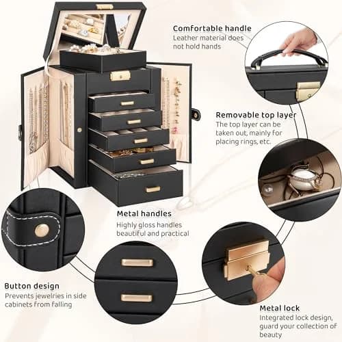 AKOZLIN 6-Tier Jewelry Box with 5 Drawers & Mirror | Lockable Black Leather Organizer for Rings, Necklaces, Bracelets thumbnail 5