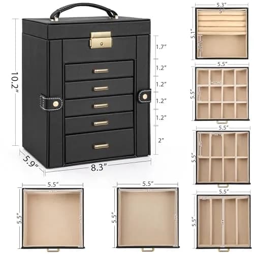 AKOZLIN 6-Tier Jewelry Box with 5 Drawers & Mirror | Lockable Black Leather Organizer for Rings, Necklaces, Bracelets thumbnail 7