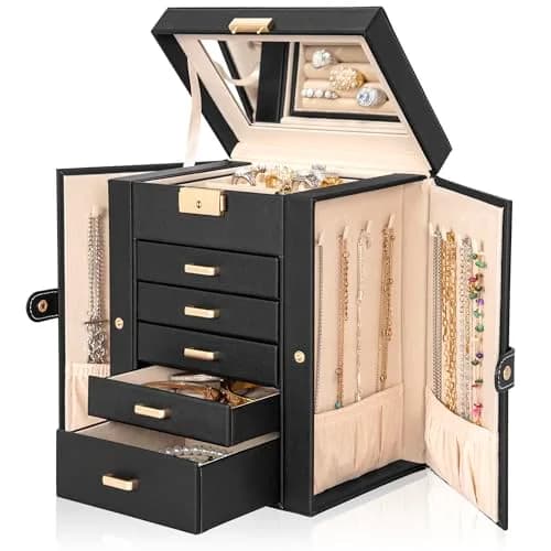 AKOZLIN 6-Tier Jewelry Box with 5 Drawers & Mirror | Lockable Black Leather Organizer for Rings, Necklaces, Bracelets thumbnail 2