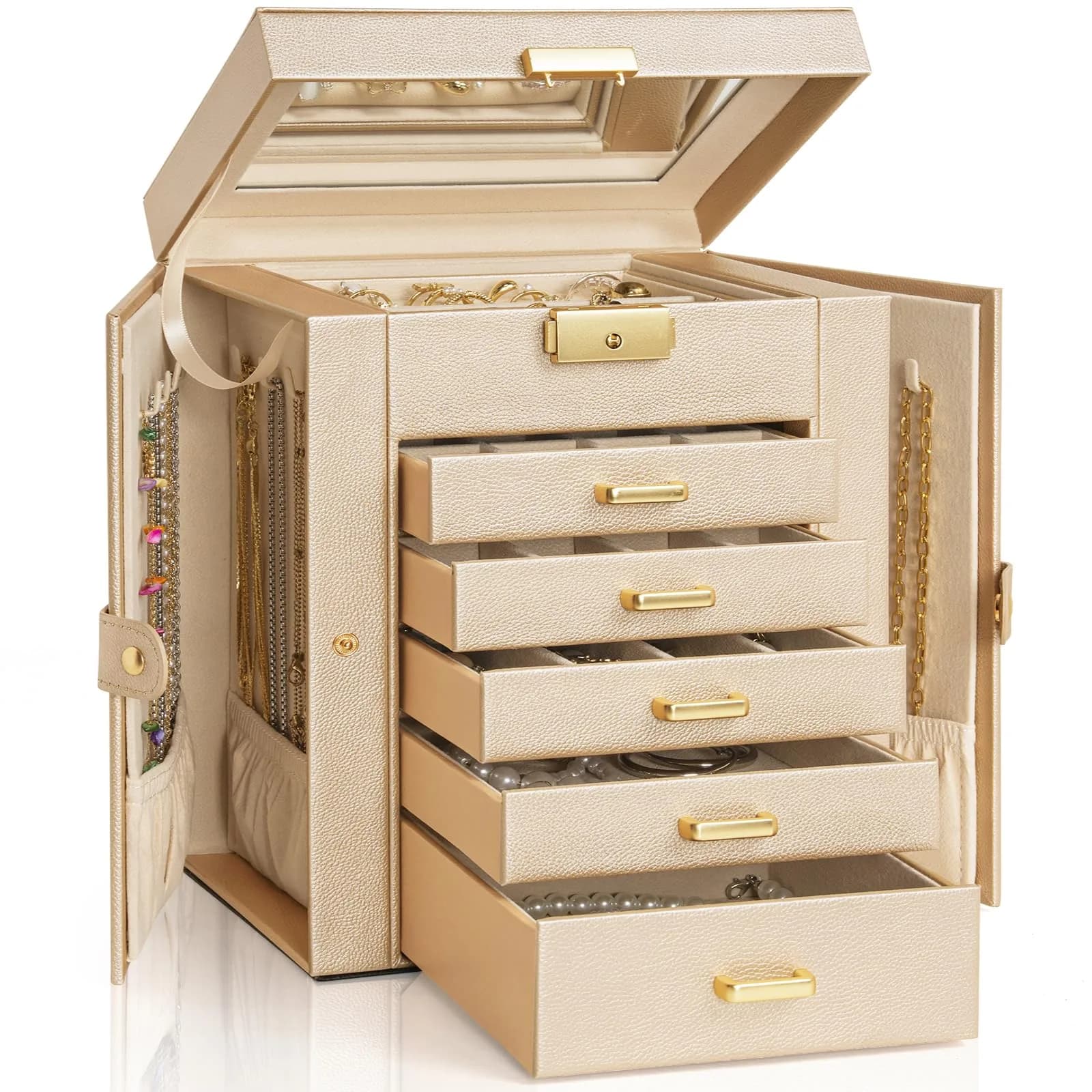 AKOZLIN 6-Tier Jewelry Box with 5 Drawers & Mirror | 2.71 kg (5.9"D x 8.3"W x 10.3"H) Champagne-Gold - main product image
