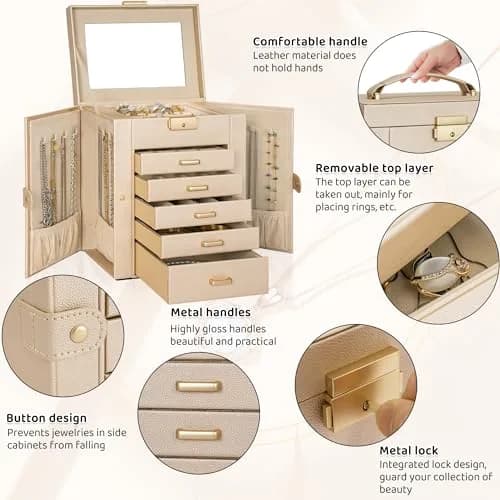 AKOZLIN 6-Tier Jewelry Box with 5 Drawers & Mirror | 2.71 kg (5.9"D x 8.3"W x 10.3"H) Champagne-Gold thumbnail 4