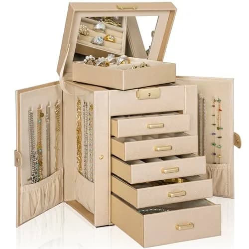AKOZLIN 6-Tier Jewelry Box with 5 Drawers & Mirror | 2.71 kg (5.9"D x 8.3"W x 10.3"H) Champagne-Gold thumbnail 8
