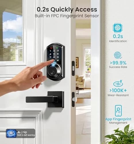 Veise VE07-L Fingerprint Smart Lock with Lever Handles Set, Matte Black | 8-in-1 Keyless Entry for Front Door thumbnail 4