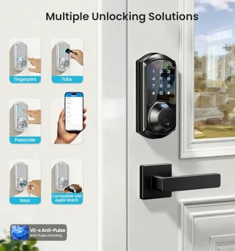 Veise VE07-L Fingerprint Smart Lock with Lever Handles Set, Matte Black | 8-in-1 Keyless Entry for Front Door thumbnail 2