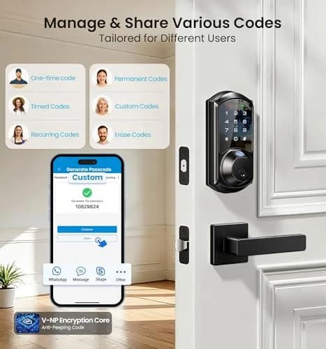 Veise VE07-L Fingerprint Smart Lock with Lever Handles Set, Matte Black | 8-in-1 Keyless Entry for Front Door thumbnail 3