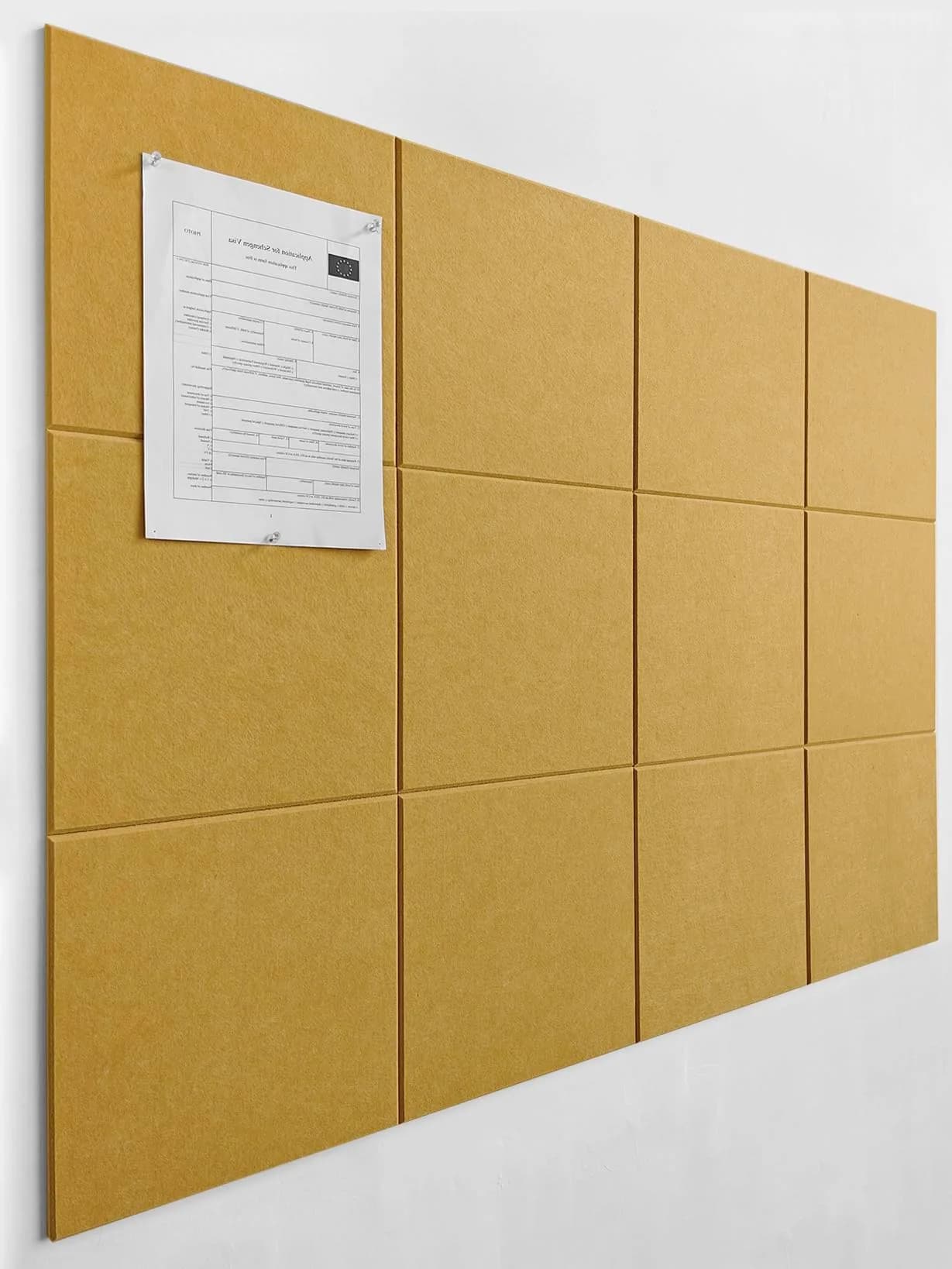 DECORITA Gray Felt Tiles Bulletin Board 12-Pack (11.8"x11.8" Each) | Customizable Wall Organizer for Office & Home — Mustard